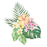 Tropical watercolor bouquet with flowers and leaves on a white background.
