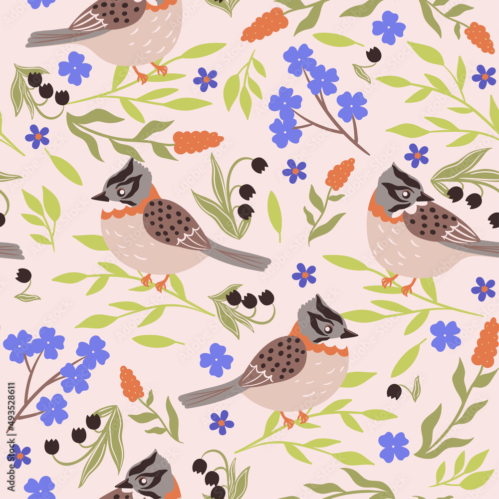 Seamless pattern with birds and flowers. Vector graphics. Seamless pattern with birds and flowers. Vector graphics.