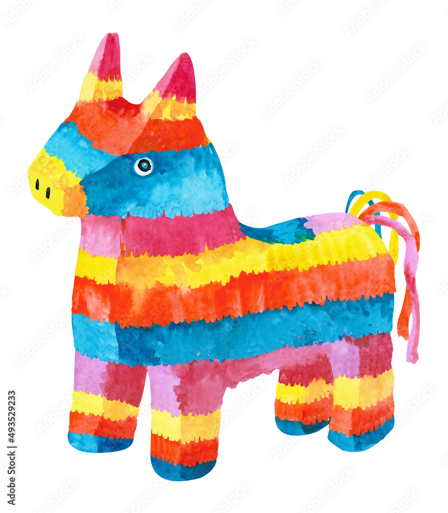 Watercolor pinata. Candy inside a pink horse pony