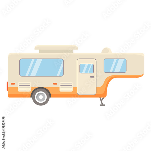 Camping badge design.Rv camping trailer.Travel trailer for outdoor adventures. View from side.Vector flat illustration. Isolated on white background.