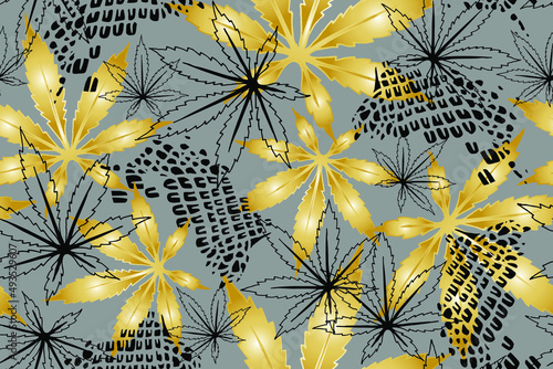 Seamless pattern with Cannabis leaves and crocodile skin pattern. Hemp leaves outline. Hand drawn vector illustration