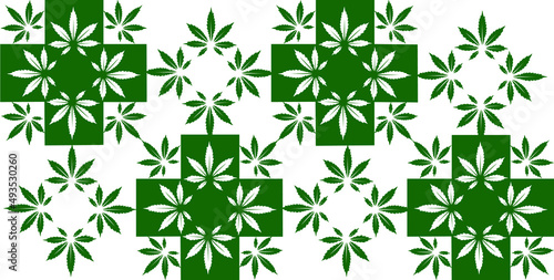 Seamless pattern with green cannabis leaves and green crosses. Hemp medicine or pharmacy product. Hand drawn vector illustration