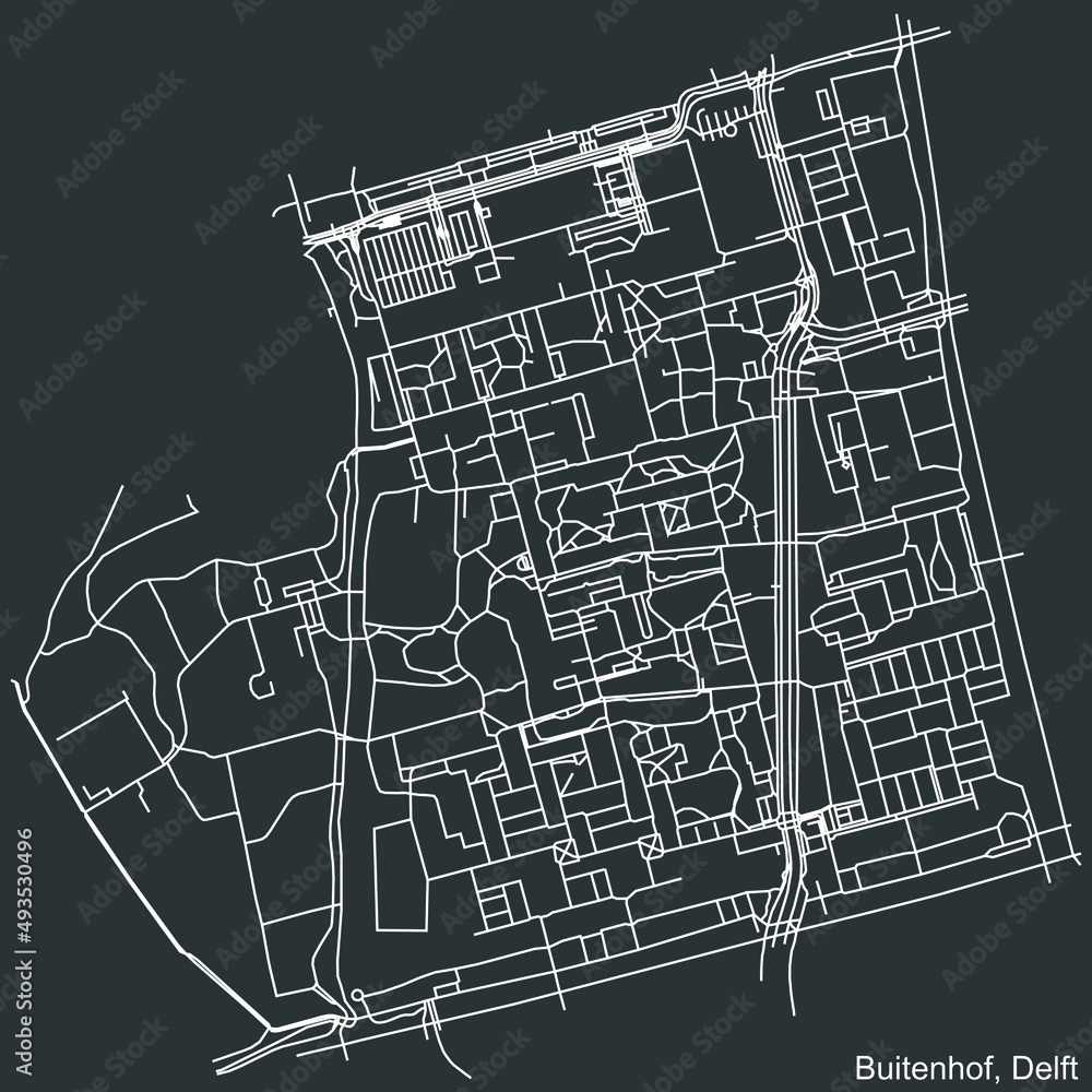 Detailed negative navigation white lines urban street roads map of the BUITENHOF DISTRICT of the Dutch regional capital city Delft, Netherlands on dark gray background