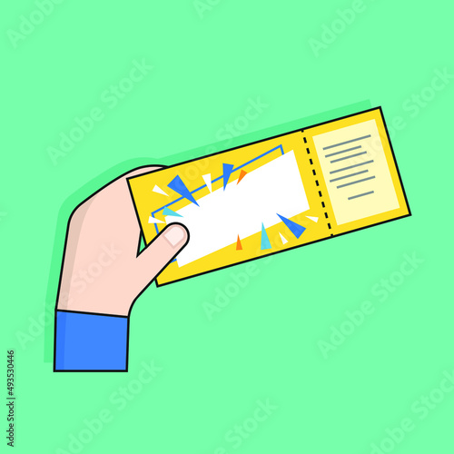 Vector Social Media and Multimedia Icon Design. Human Hand Holding a Coupon, Ticket, Exit Ticket, Invitation. Isolated Flat Design for Website or Printed Concepts. E-marketing or payment concept. 