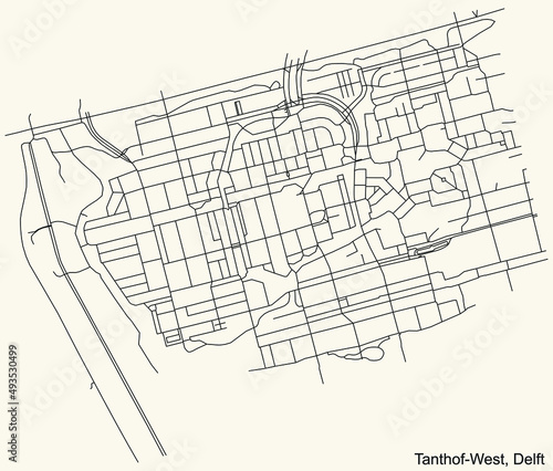 Detailed navigation black lines urban street roads map of the TANTHOF-WEST DISTRICT of the Dutch regional capital city Delft  Netherlands on vintage beige background