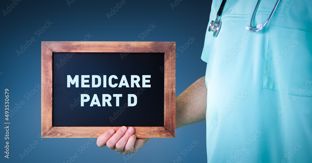 Medicare Part D. Doctor shows sign/board with wooden frame. Background blue Medicare Part D. Doctor shows sign/board with wooden frame. Background blue