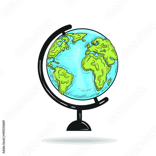 Hand drawn world globe vector illustration. Vector design element. Isolated on white background. Earth map globe illustration. Education concept illustration.