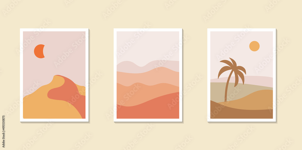 Bohemian wall poster collection. Africa landscape with palm, and dune. Abstract fields and desert. Vector illustration