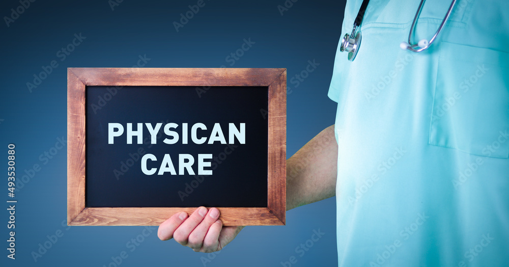 Physican care. Doctor shows sign/board with wooden frame. Background blue Physican care. Doctor shows sign/board with wooden frame. Background blue