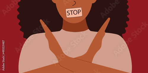 Strong woman crossed hands to protest and protect herself. Activist female stands for gender equality, women's rights. Concept of woman empowerment, discrimination and violence. Vector illustration.