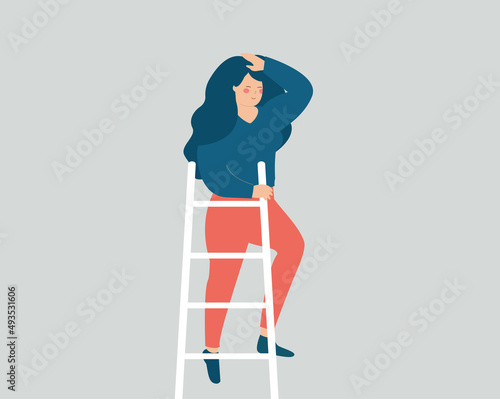 Entrepreneur woman climbs at the top of ladder to looks into the future. Businesswoman searches for business opportunities. Professional career,  personal development and women's empowerment concept.