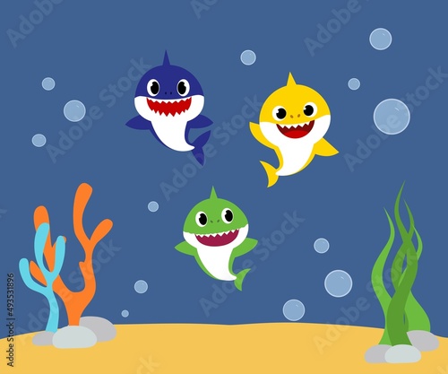 Shark cards. Birthday invite, happy child party in ocean style. Cartoon sharks characters. © Hunter Leader