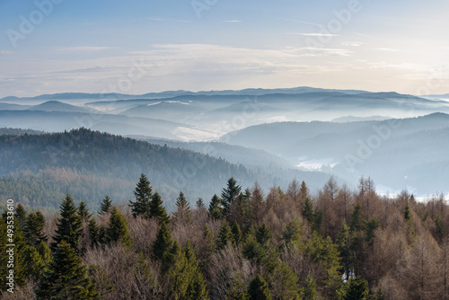 Foggy view of Beskid Sadecki mountain range in Poland