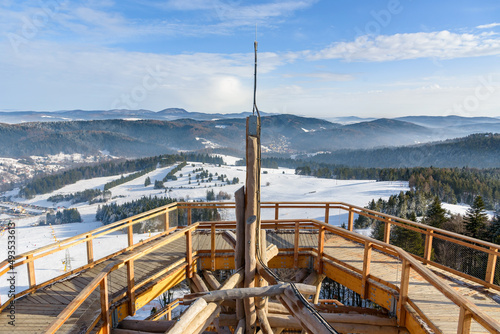 Fototapeta Naklejka Na Ścianę i Meble -  Mountain winter landscape seen from wooden path of observation tower