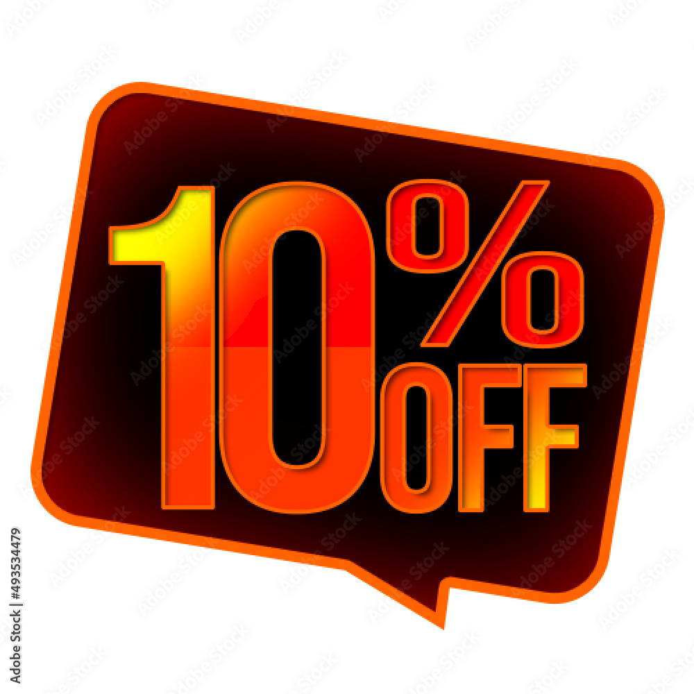 10% off. Discount for big sales. Text in shades of red. Dark balloon with orange border and white background 10% off. Discount for big sales. Text in shades of red. Dark balloon with orange border and white background