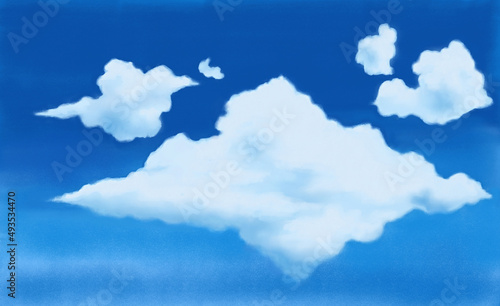 Hand drawn painting of white clouds on blue sky. Pictorial art.

