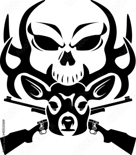 whitetail deer buck with human skull and crossed hunting rifles