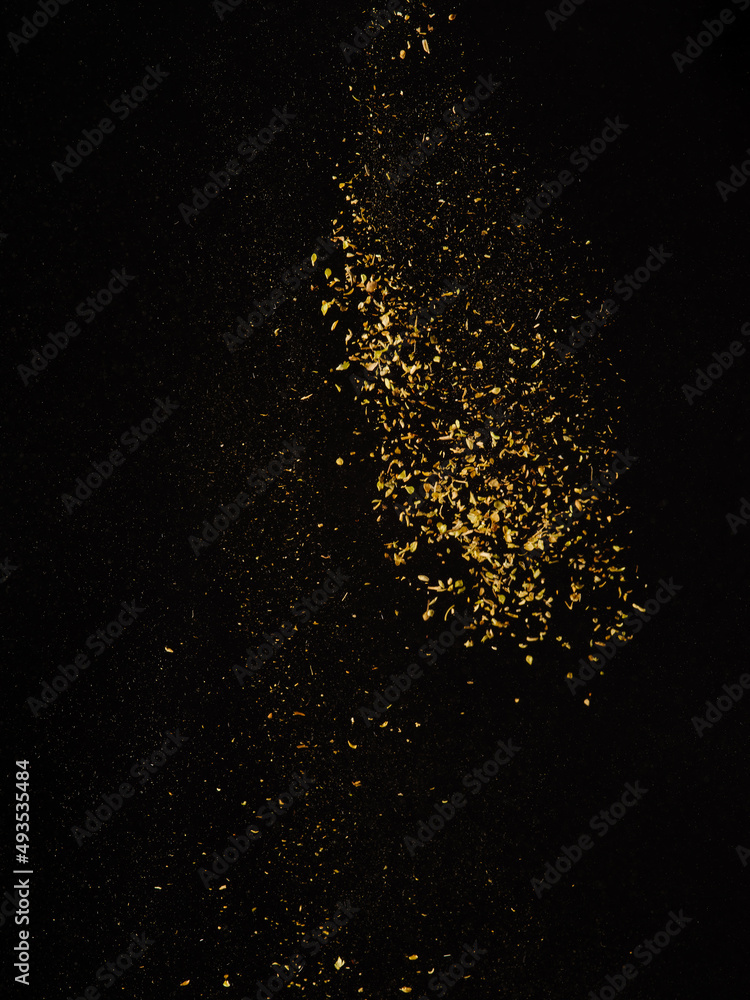Golden stream of oriental spices on a black background. Levitation. Cooking, oriental cuisine. Seasonings, spices. Recipe book, food blog, restaurant, hotel, cafe, banner, advertisement. Golden stream of oriental spices on a black background. Levitation. Cooking, oriental cuisine. Seasonings, spices. Recipe book, food blog, restaurant, hotel, cafe, banner, advertisement.