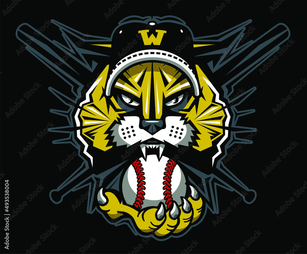 Fototapeta premium wildcat mascot holding baseball and crossed bats for school, college or league