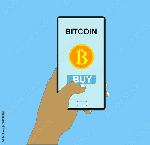 Hand buying bitcoin cryptocurrency on mobile phone application