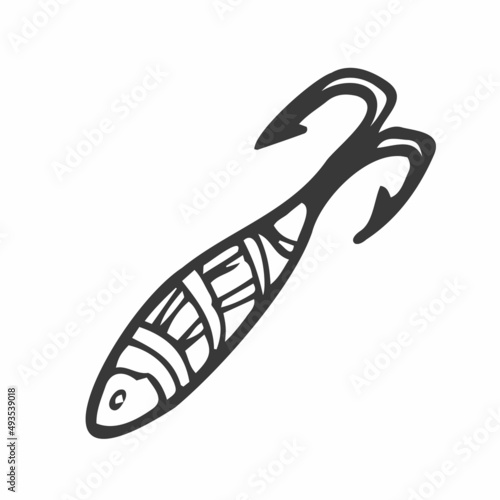 Doodle fishing lure. Abstract contemporary fishery baits of different sizes and shapes for angler. Colored hand drawn fisher accessories with hooks. Vector isolated plastic wobblers set