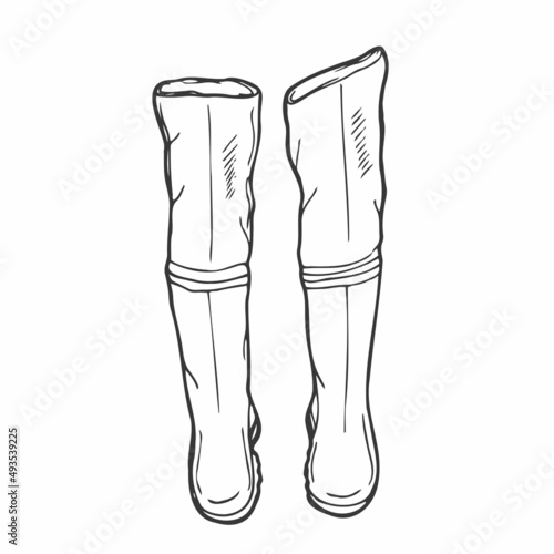 Doodle long rubber fisherman shoes. Vector illustration. Fishing concept