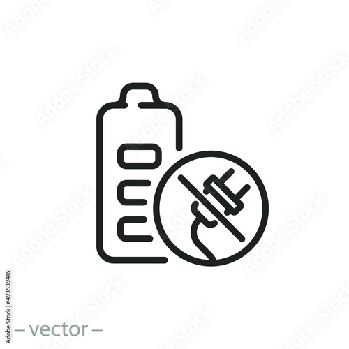 no required charge battery, accumulator charging not need, thin line symbol on white background - editable stroke vector illustration