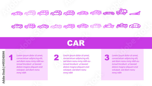 Car Transport Different Body Type Landing Web Page Header Banner Template Vector. Hatchback And Sedan, Mpv Minivan And Cuv Crossover, Limousine And Sportscar, Grand Tourer Suv Vehicle Car Illustration