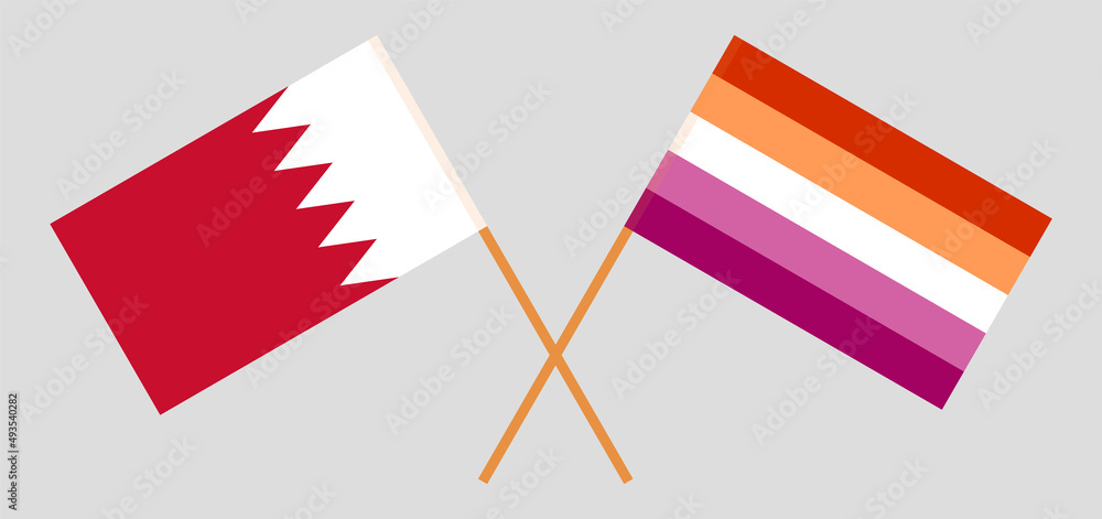 Crossed flags of Bahrain and Lesbian Pride. Official colors. Correct proportion Crossed flags of Bahrain and Lesbian Pride. Official colors. Correct proportion
