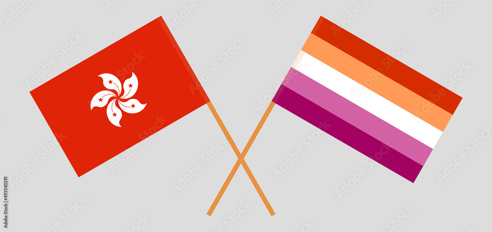 Crossed flags of Lesbian Pride and Hong Kong. Official colors. Correct proportion Crossed flags of Lesbian Pride and Hong Kong. Official colors. Correct proportion