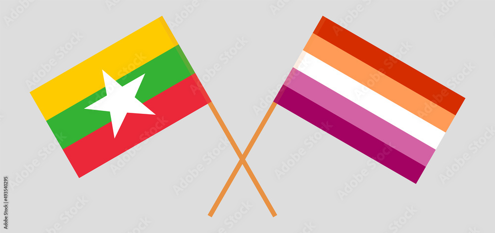 Crossed flags of Myanmar and Lesbian Pride. Official colors. Correct proportion Crossed flags of Myanmar and Lesbian Pride. Official colors. Correct proportion