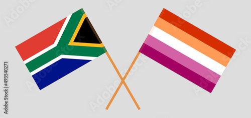 Crossed flags of South Africa and Lesbian Pride. Official colors. Correct proportion