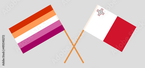 Crossed flags of Malta and Lesbian Pride. Official colors. Correct proportion
