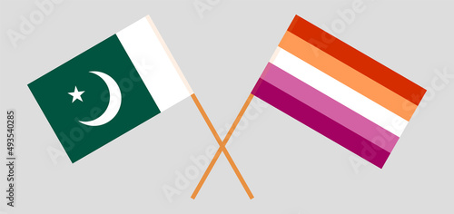 Crossed flags of Pakistan and Lesbian Pride. Official colors. Correct proportion