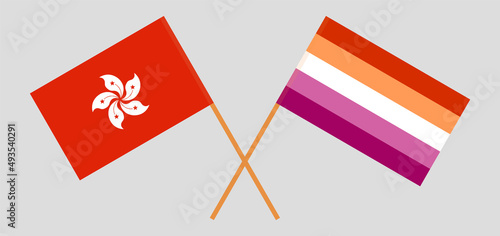 Crossed flags of Lesbian Pride and Hong Kong. Official colors. Correct proportion