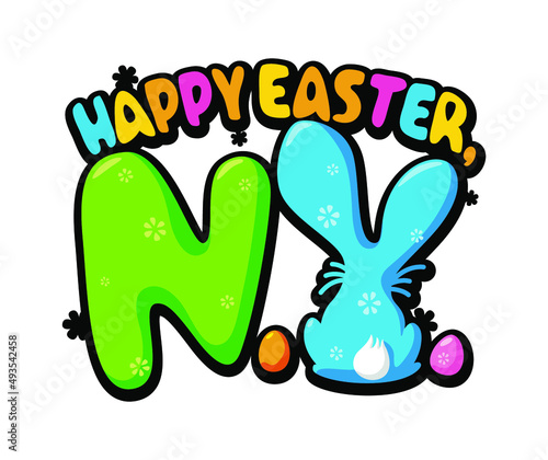 Happy Easter New York sign with bunny back and easter eggs 