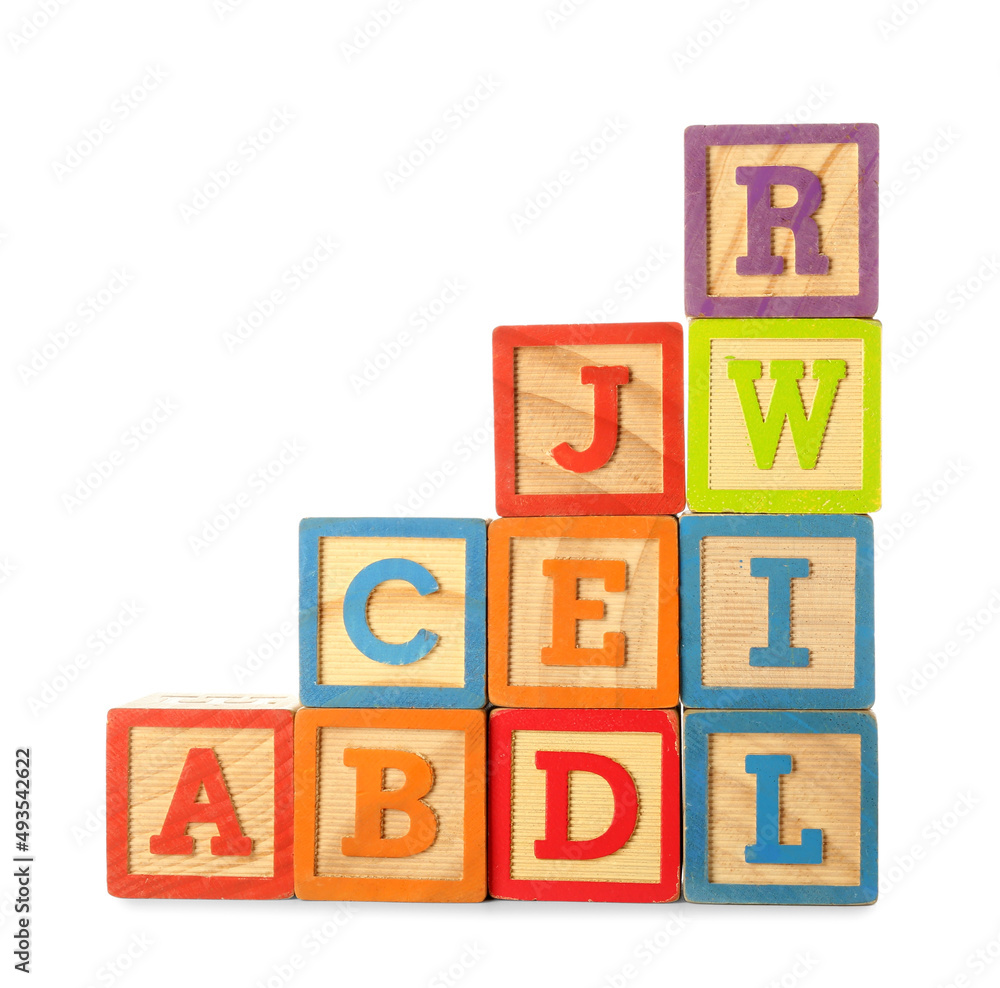 Wooden cubes with letters isolated on white Wooden cubes with letters isolated on white