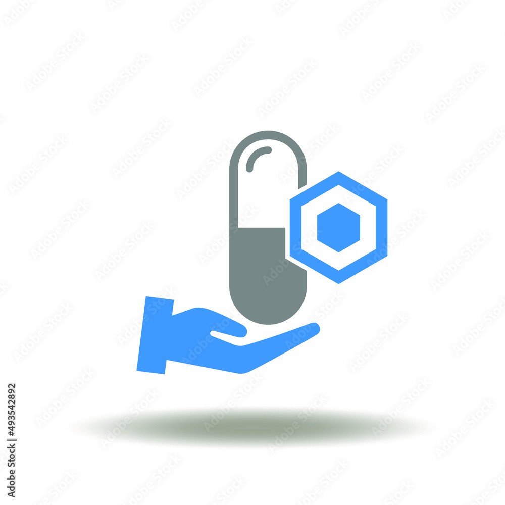 Vector illustration of hand hold pill capsule with honeycomb molecule. Icon of hormone. Symbol of hormones therapy. Sign of drugs and modern pharmacy. Vector illustration of hand hold pill capsule with honeycomb molecule. Icon of hormone. Symbol of hormones therapy. Sign of drugs and modern pharmacy.