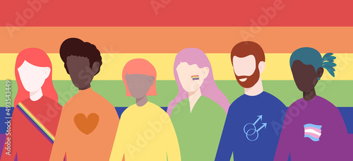 Pride Month. Non-binary international people: lesbians, gays, transgender people, queers and other representatives of the LGBTQ community. Flat vector illustration