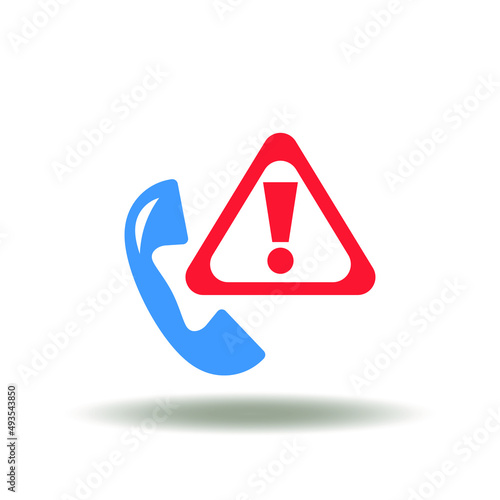Vector illustration of handset with attention sign. Icon of vishing. Symbol of voice phone call phishing.