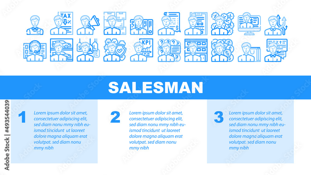 Salesman Business Occupation Landing Web Page Header Banner Template Vector. Salesman Megaphone Advertising Of Seasonal Store Sale And Discounts, Tax Advice Call Center Worker Support Illustration