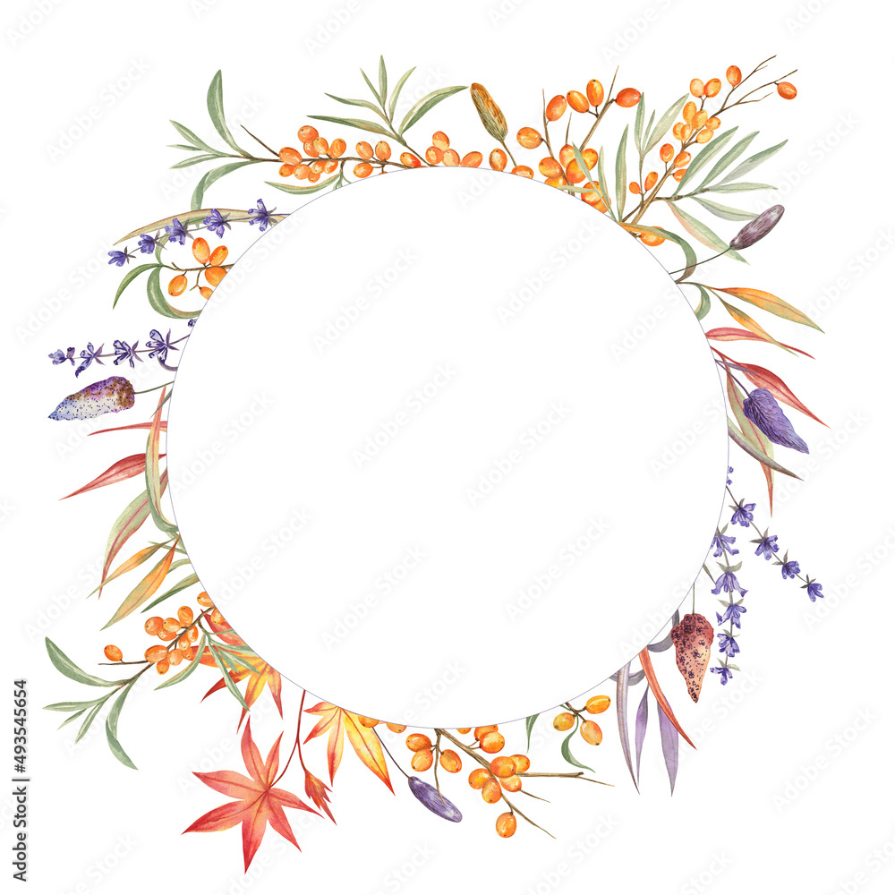 Floral wreath with autumn herbs, leaves, and berries. Watercolor illustration isolated on white. For invitations, thank you cards, greeting cards, stationery design. Perfect for farmhouse style. Floral wreath with autumn herbs, leaves, and berries. Watercolor illustration isolated on white. For invitations, thank you cards, greeting cards, stationery design. Perfect for farmhouse style.