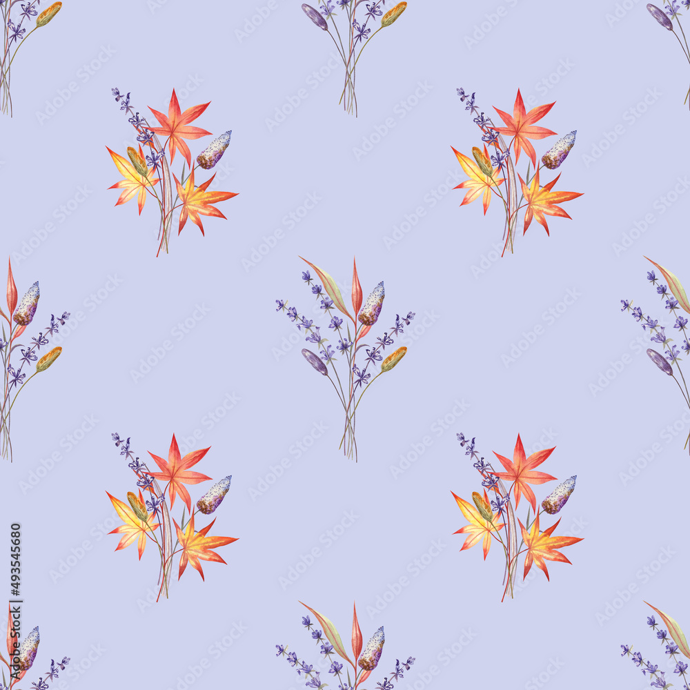 Seamless pattern with the autumn herbs and leaves on lavender background. Floral elements are painted with watercolors. For fabric, home textile, wrapping paper, stationery design.