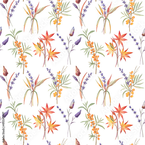 Autumn seamless pattern with herbs  leaves  and berries on white background. Elements are painted with watercolors. This design is good for wallpapers  wrapping paper  mugs  stationery design.