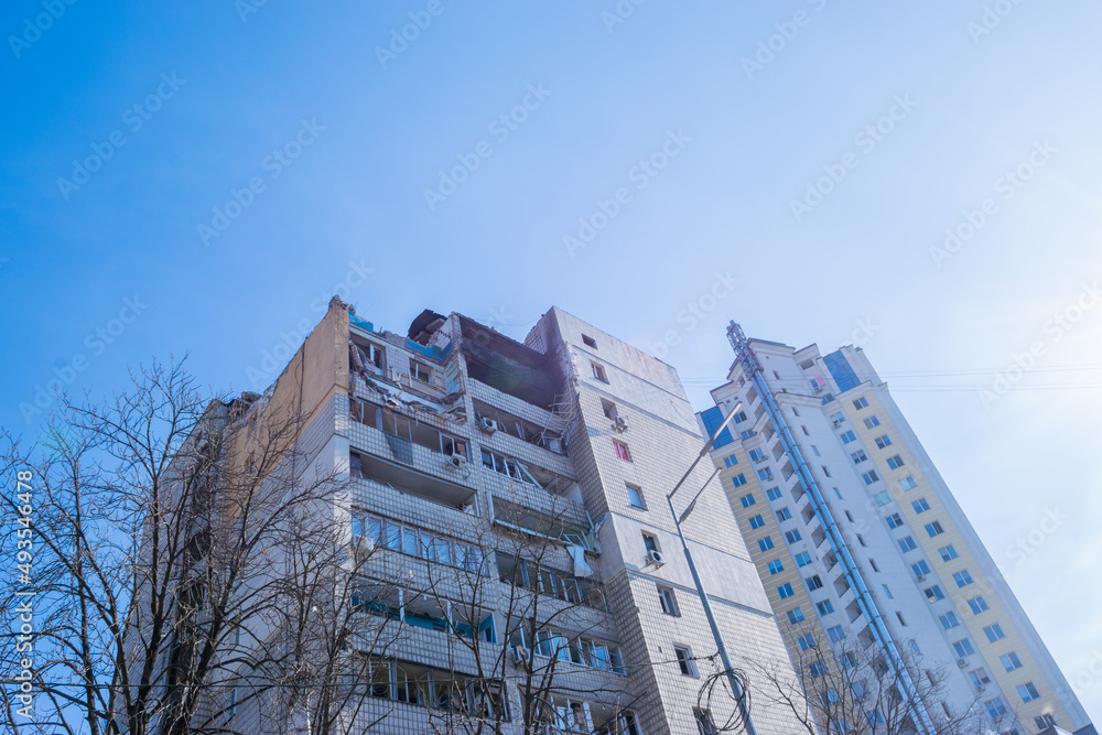 Damaged multi-storey building in Kyiv, the consequences of Russian missile attacks in the capital of Ukraine. War and aggression of Russia against Ukraine.