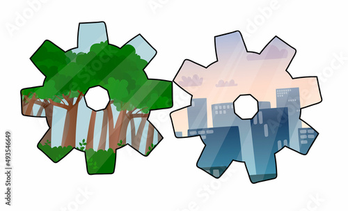 Vector isolated illustration with sixes, inside which the landscape of urban buildings on one and nature on the other is depicted. Concept of urbanization, landscaping, nature protection.