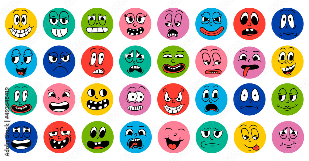 Set of cartoon comic funny faces in retro style with different expressions of emotions. Abstract round icons of heads of emotional characters. Emoji people animation in 20s 30s style. vector Set of cartoon comic funny faces in retro style with different expressions of emotions. Abstract round icons of heads of emotional characters. Emoji people animation in 20s 30s style. vector
