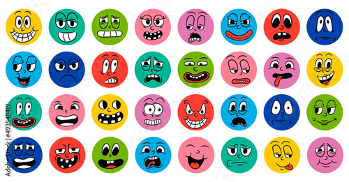 Set of cartoon comic funny faces in retro style with different expressions of emotions. Abstract round icons of heads of emotional characters. Emoji people animation in 20s 30s style. vector