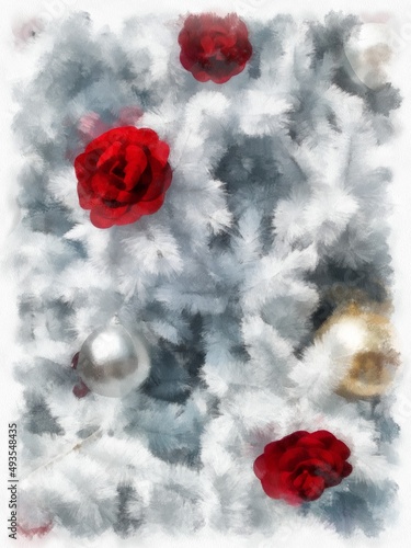 white christmas pine decorated with red flowers watercolor style illustration impressionist painting.