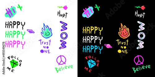 Modern street art vintage graffiti, with old style 90s cartoon drawings. Artwork for street wear, t shirt, posters, bomber jackets, hoodie, patchworks, enamel pins; for teenagers clothes.